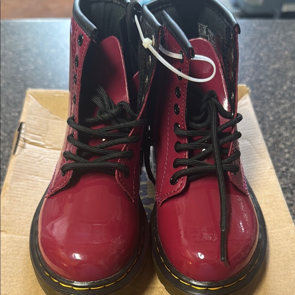 Dr. Martens Red Combat Moto Boots High-Shine Patent